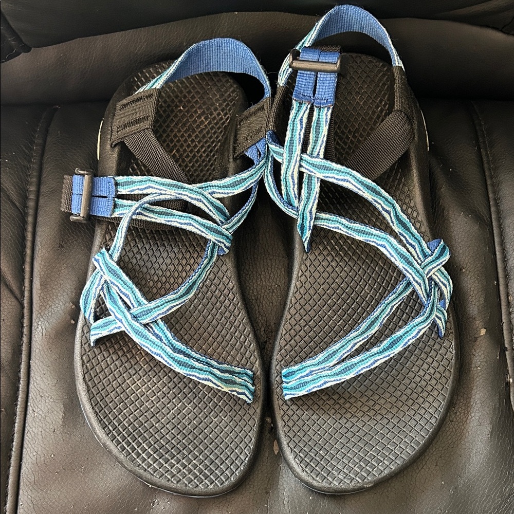 Black Chaco Sandals with Blue Striped Straps